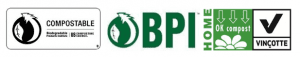 Logos that identify what products are certified biodegradable. Circle with leaf and tree arrow on the inside.