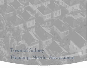 Image of front page of the Town of Sidney Housing Needs Assessment, with an aerial image of a black and white neighbourhood in the background and the title in the foreground.