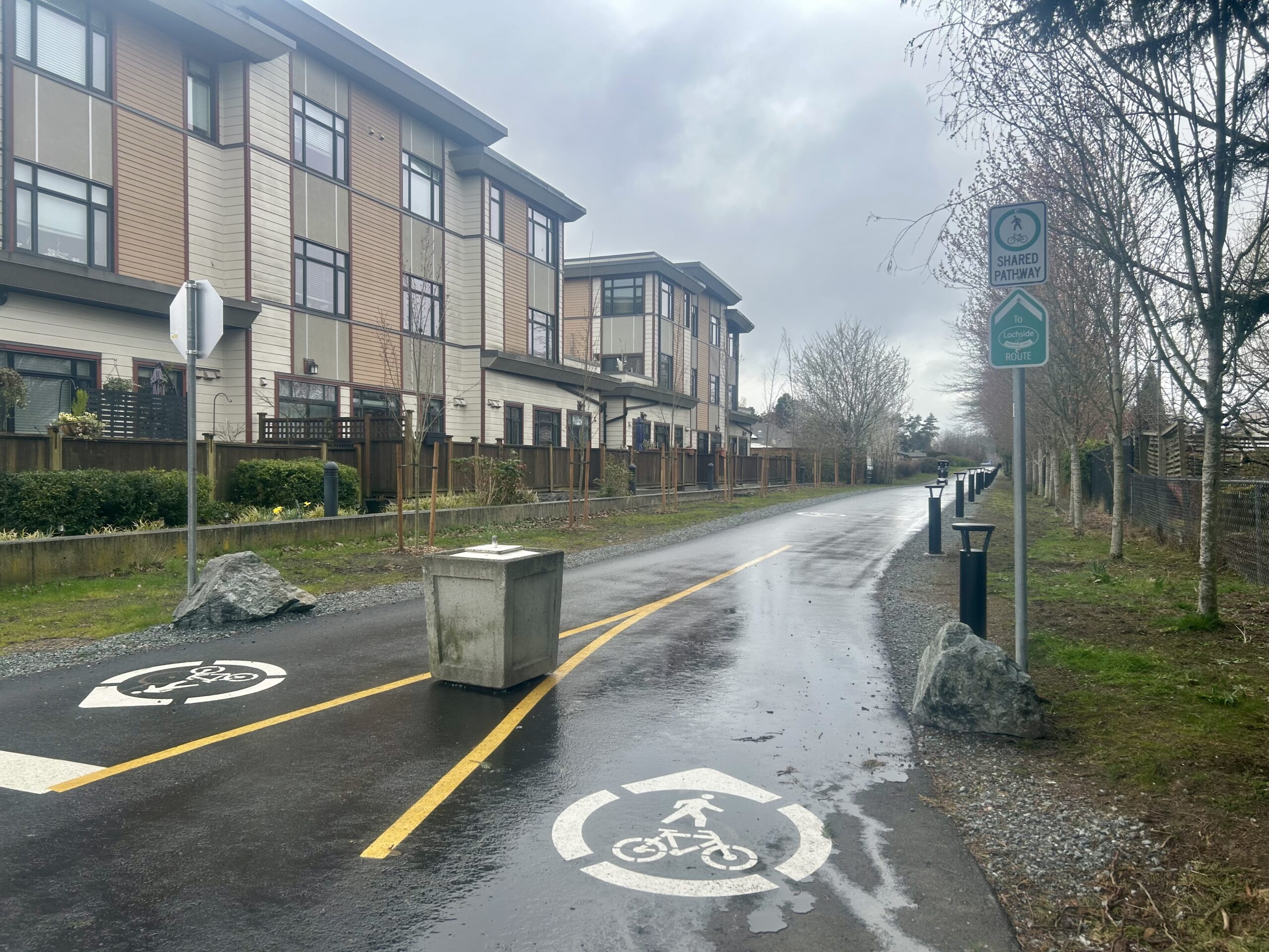 Pathway on rainy day showing pavement markings