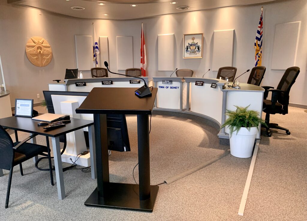 Empty Council Chambers from doorway
