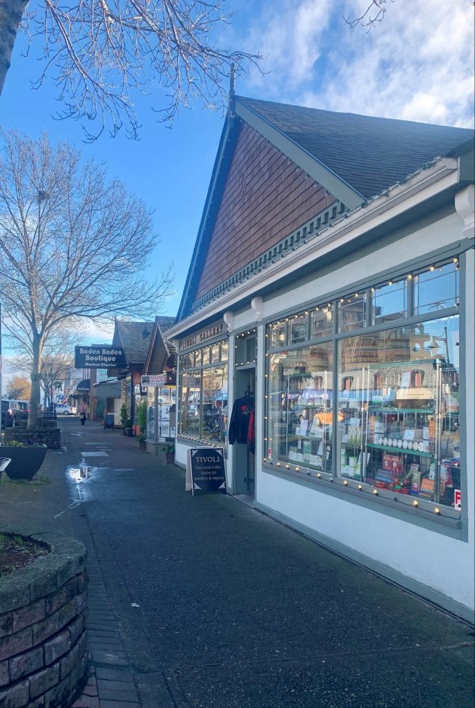 Sidewalk and shops between Third St and Second St