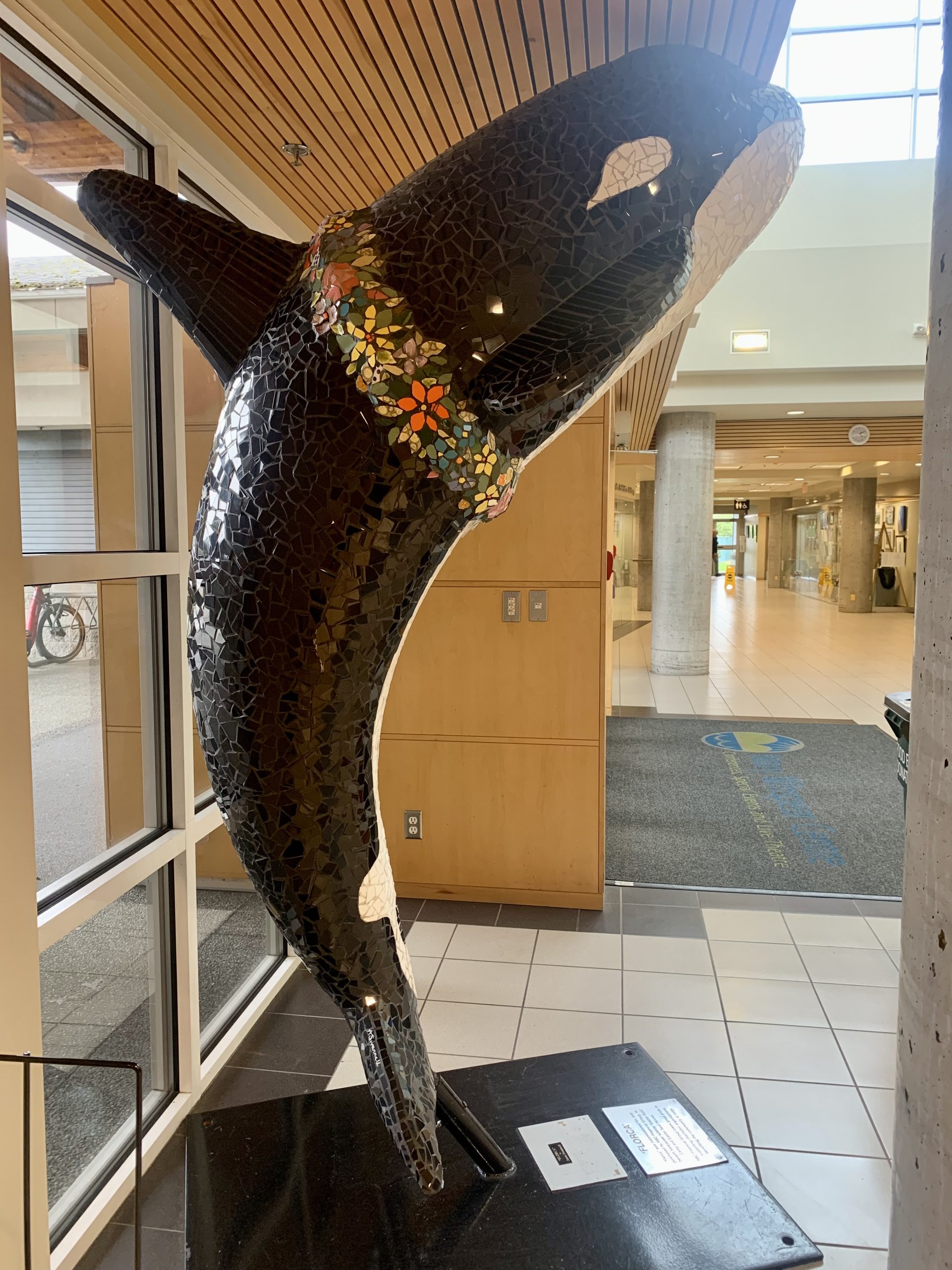 Orca whale statue inside Mery Winspear Centre