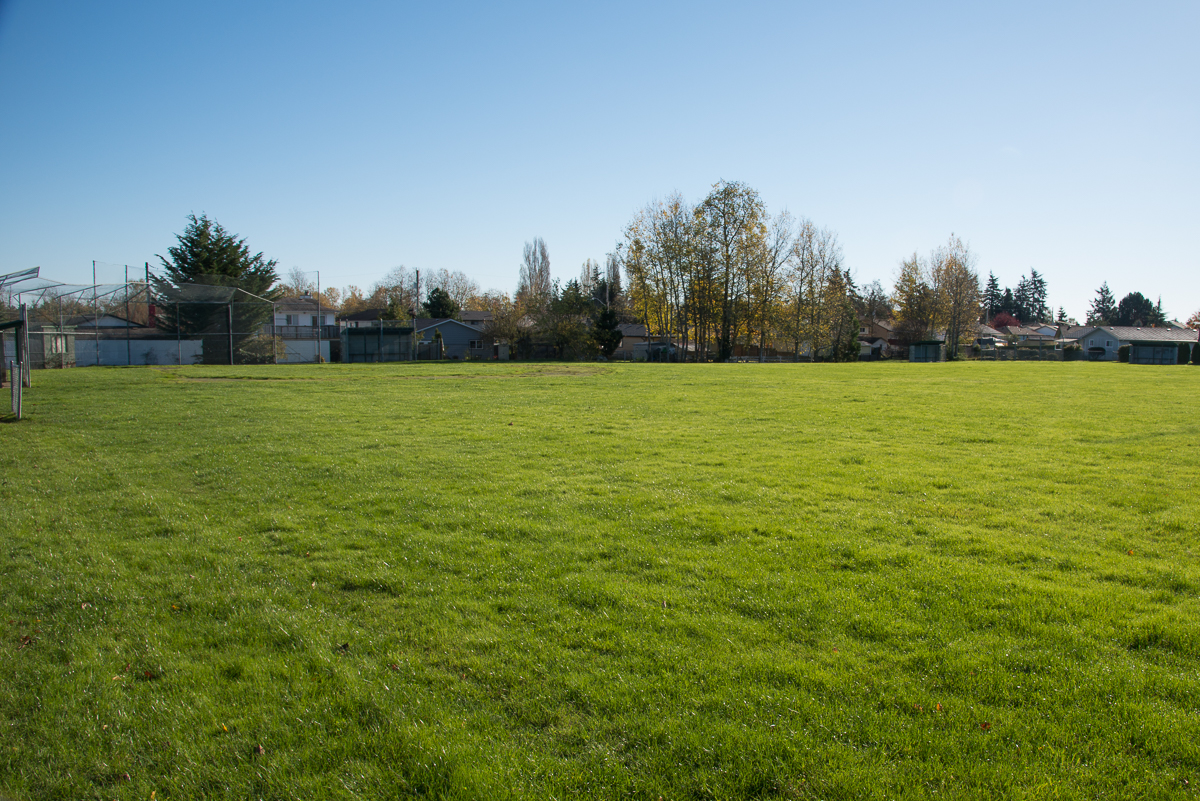 Image of a large green field with a baseball backstop in a corner, and houses, trees, and a blue sky in the background