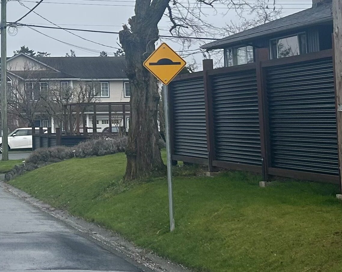rainy day, view of speed hump sign and street