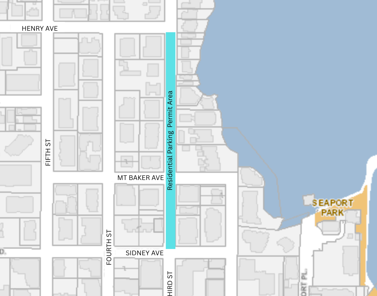 Map highlighting parking pilot area on Third Street between Henry Ave and Sidney Ave