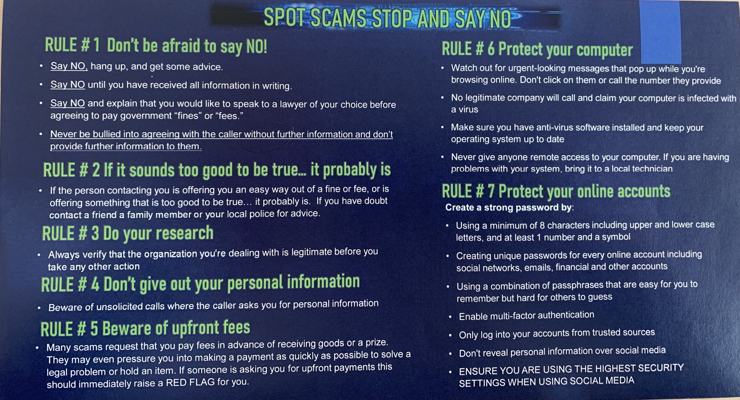 Image with text including seven rules to prevent scams
