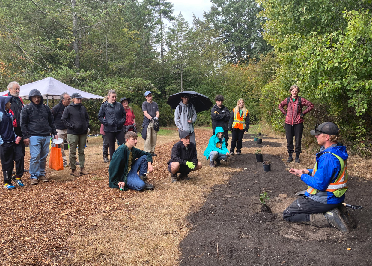 Photo of sixteen tree planting volunteers watching a Town arborist give a tree planting tutorial in Peter Grant Park