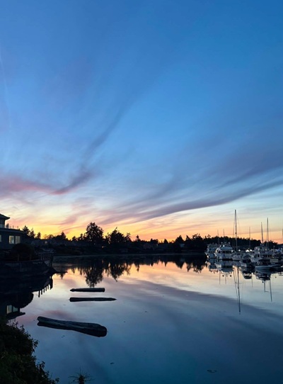 A dramatic sunset over glassy water, reflecting pinks, yellows, and blues. There are three shadowy logs bobbing in the later, and boats at the nearby marina. It is very peaceful.