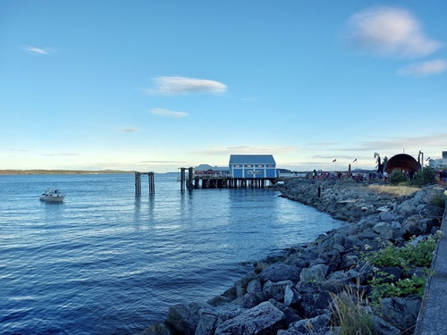 An image overlooking the water from the Waterfront Walkway, overlooking the water and sloping waterfront rocks. There is a boat anchored in the water. The Beacon Wharf, Fish Market, and Band Shell are all in the background. There is a large, hard to see crowd in front of the Band Shell, celebrating Sidney Days.